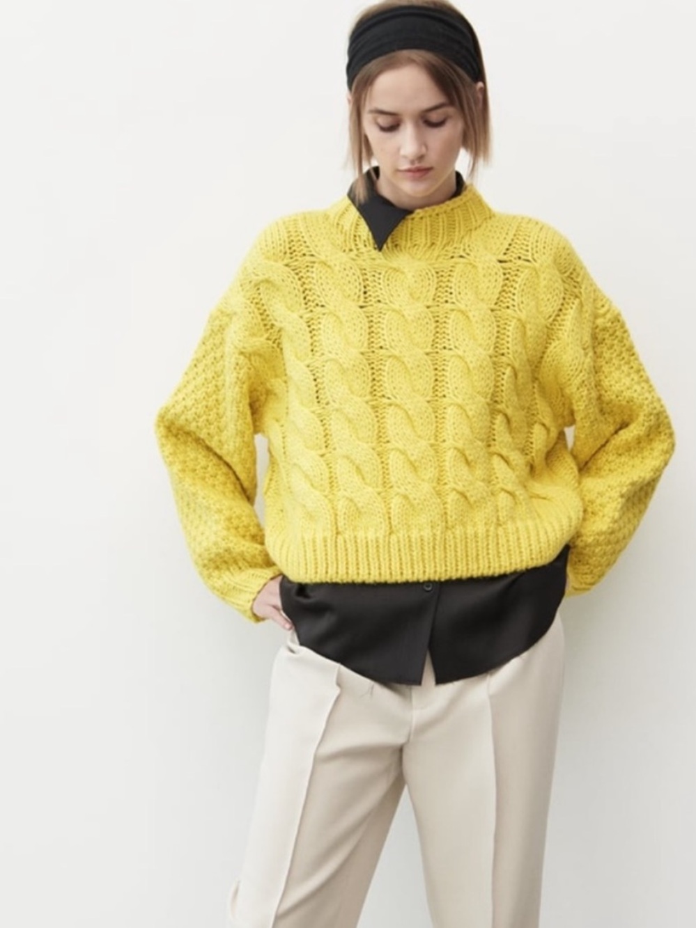 Bright Yellow Cable Knit Sweater by Zara | small